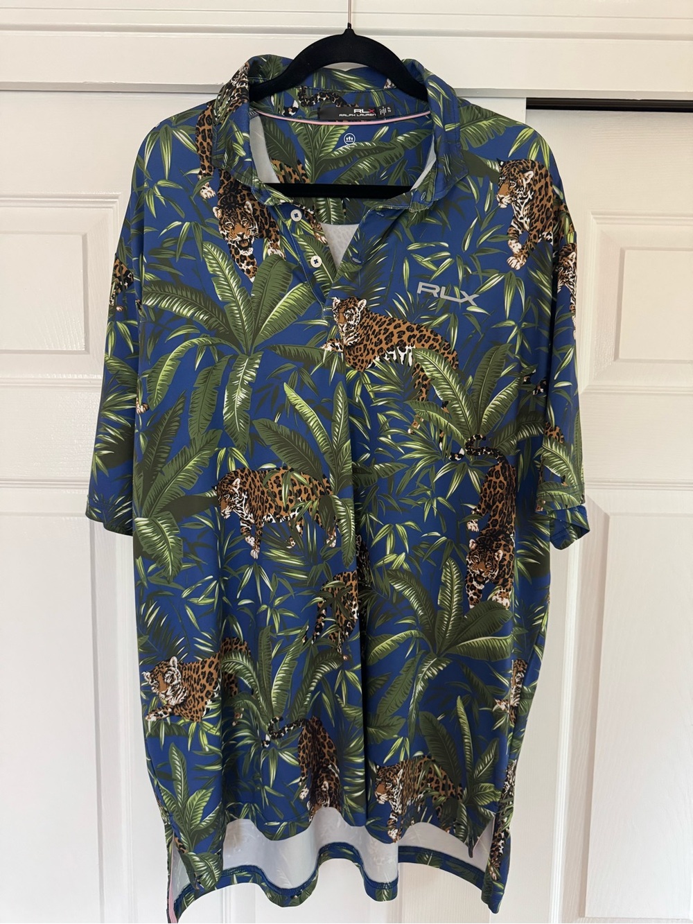 RLX Ralph Lauren Blue Tropical Leopard-Print Button-Down Shirt - Size XL
